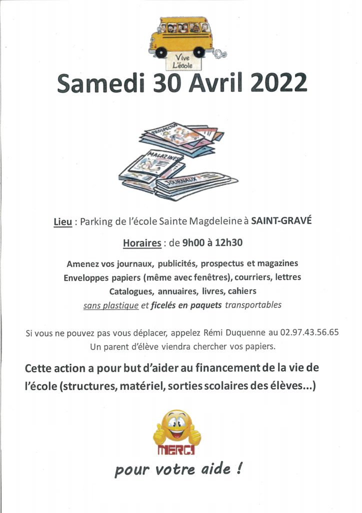 collecte de papiers samedi 30 avril 9h à 12h30