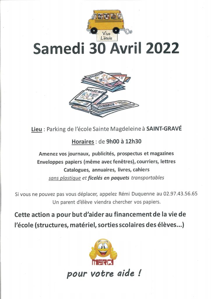 collecte de papiers samedi 30 avril 9h à 12h30 