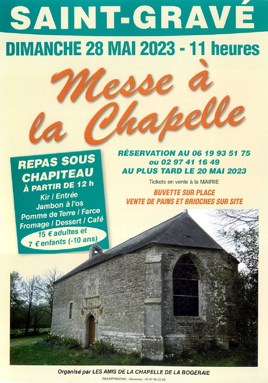 affiche de la fête chapelle de la Bogerais 28 mars messe à 11h repas sur réservation à 12h