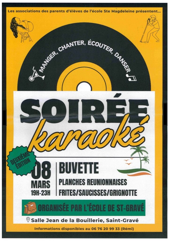 Soirée Karaoké de l'école Sainte Magdeleine à la salle Jean de la Bouillerie 08 mars 19h23h (buvette, planches réunionnaises, frites, saucisses, grignotte)