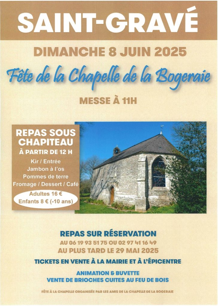 fête chapelle de la Bogeraie à St Gravé le 08 juin : messe à 11h suivi du repas sous chapiteau sur réservation