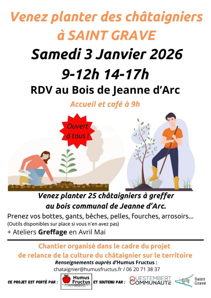 Chantier participatif samedi 03 janvier 9h-12h et 14h-17h au bois de Jeanne d'Arc à St Gravé : plantation d e25 châtaigniers à greffer